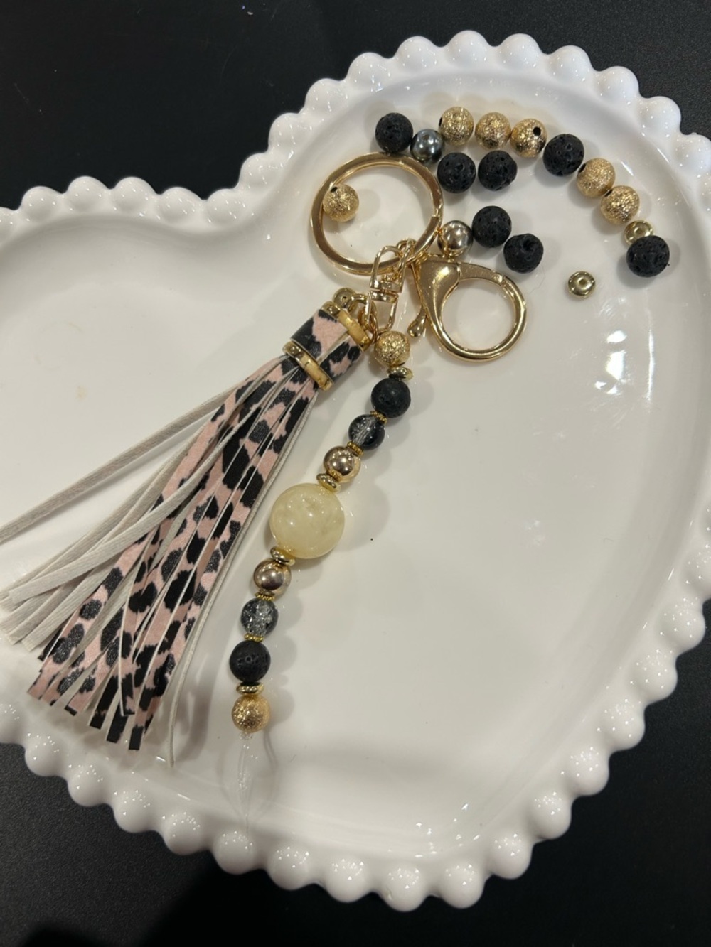 Gold & Pink Leopard Tassel Keychain with Beaded Charm